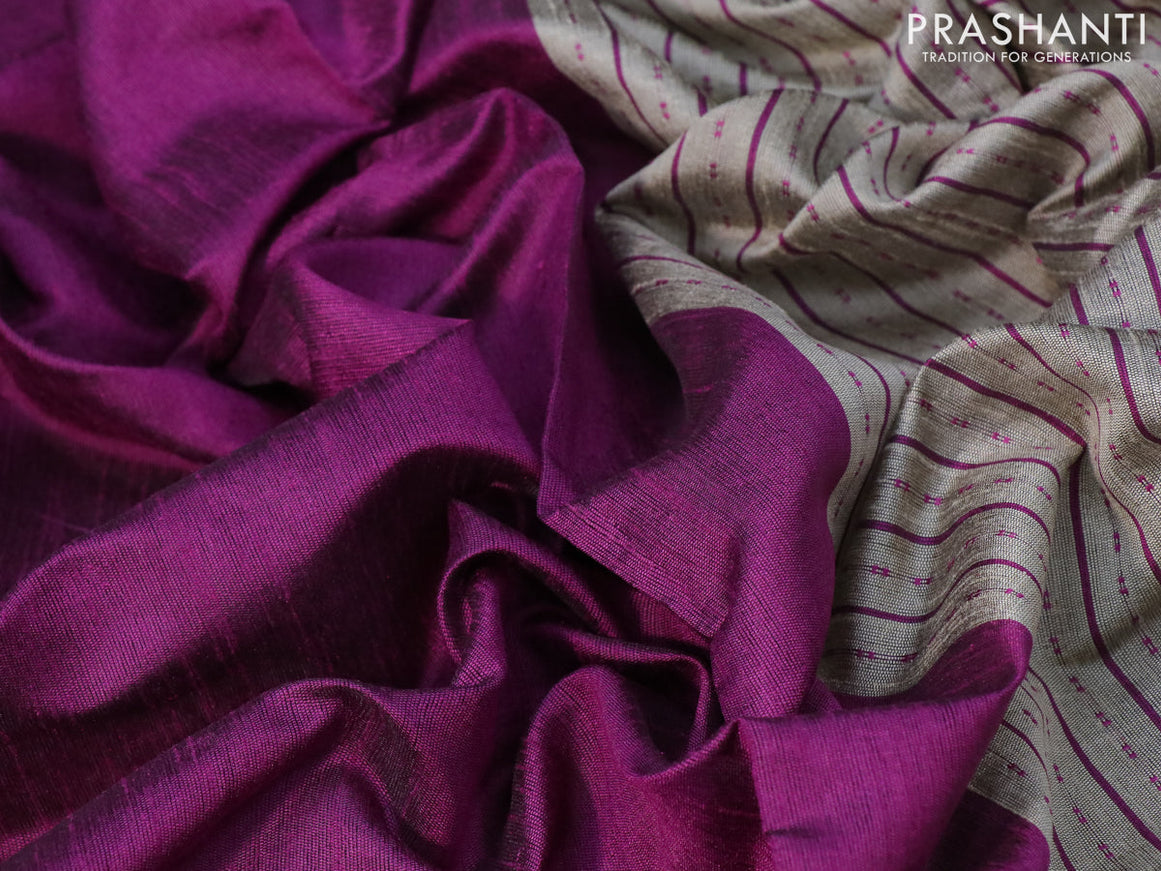 Dupion silk saree purple and grey shade with plain body and temple woven zari border