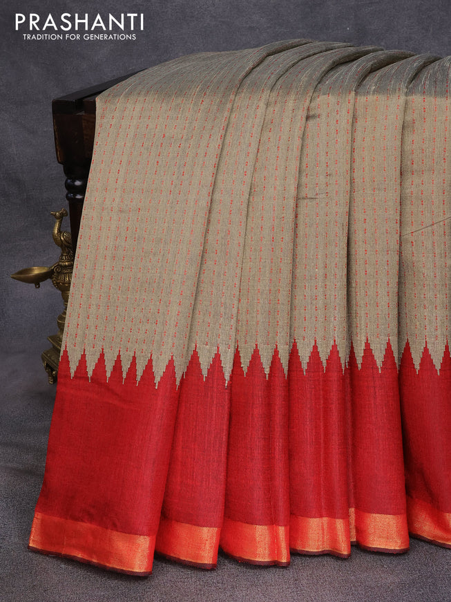 Dupion silk saree beige and maroon with allover thread weaves and temple woven zari border