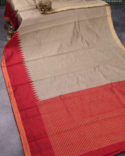 Dupion silk saree beige and maroon with allover thread weaves and temple woven zari border