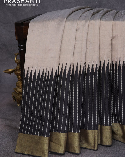 Dupion silk saree grey shade and black with plain body and temple design thread woven zari border