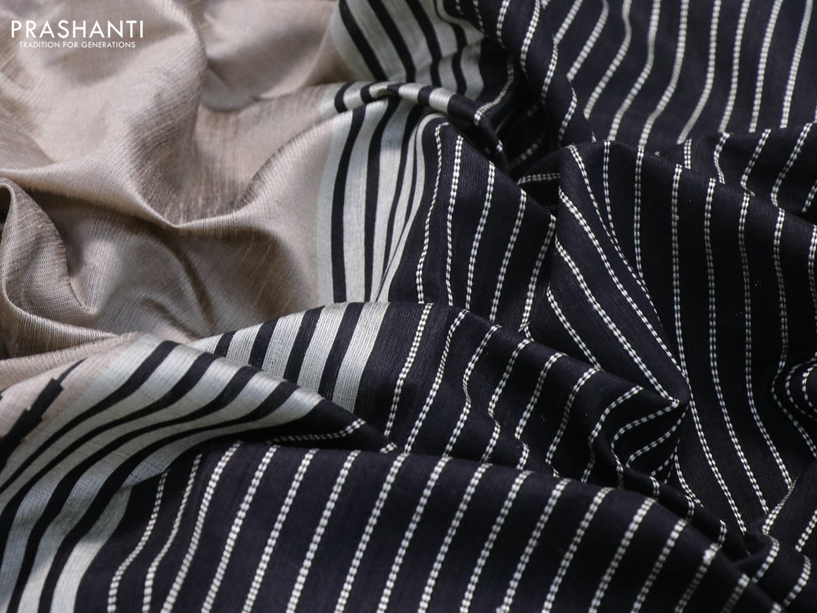 Dupion silk saree grey shade and black with plain body and temple design thread woven zari border