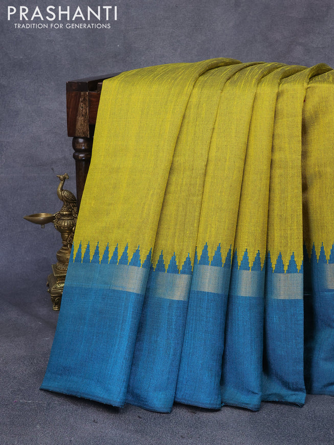 Dupion silk saree lime yellow and peacock green with plain body and temple design zari woven simple border
