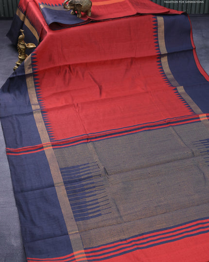 Dupion silk saree maroon and black with plain body and temple design zari woven simple border