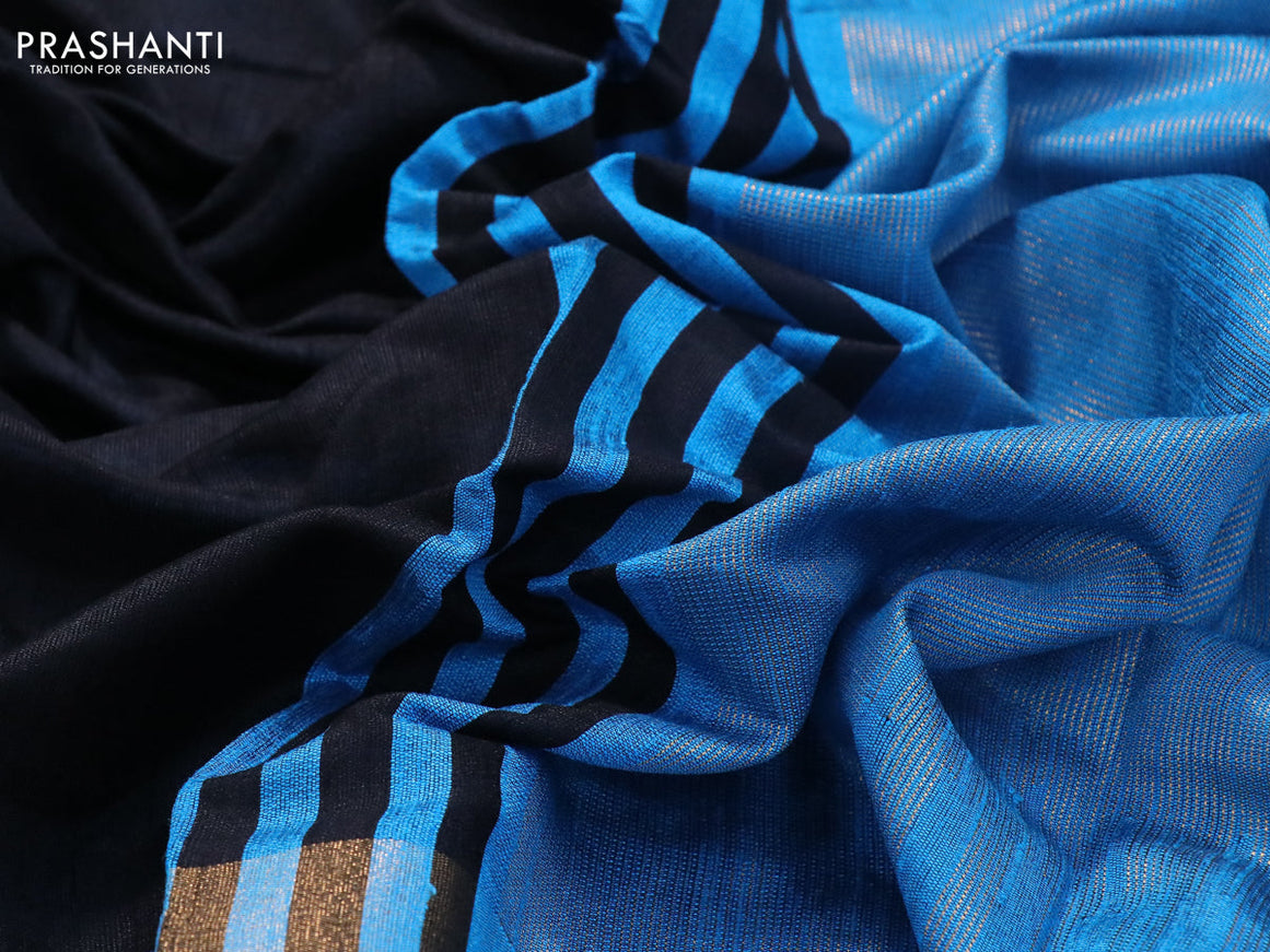 Dupion silk saree black and cs blue with plain body and temple design zari woven simple border