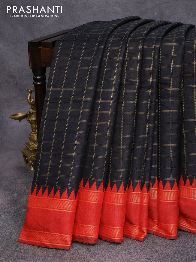 Dupion silk saree black and red with allover zari checked pattern and temple design rettapet zari woven border