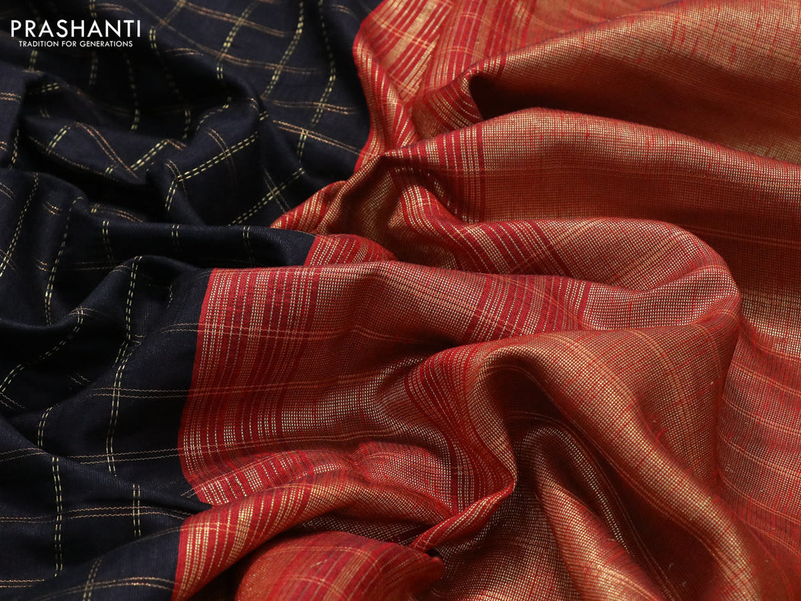 Dupion silk saree black and red with allover zari checked pattern and temple design rettapet zari woven border