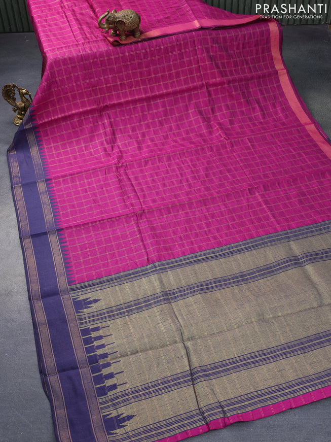 Dupion silk saree magenta pink and blue with allover zari checked pattern and temple design rettapet zari woven border