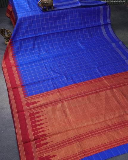 Dupion silk saree royal blue and maroon with allover zari checked pattern and temple design rettapet zari woven border