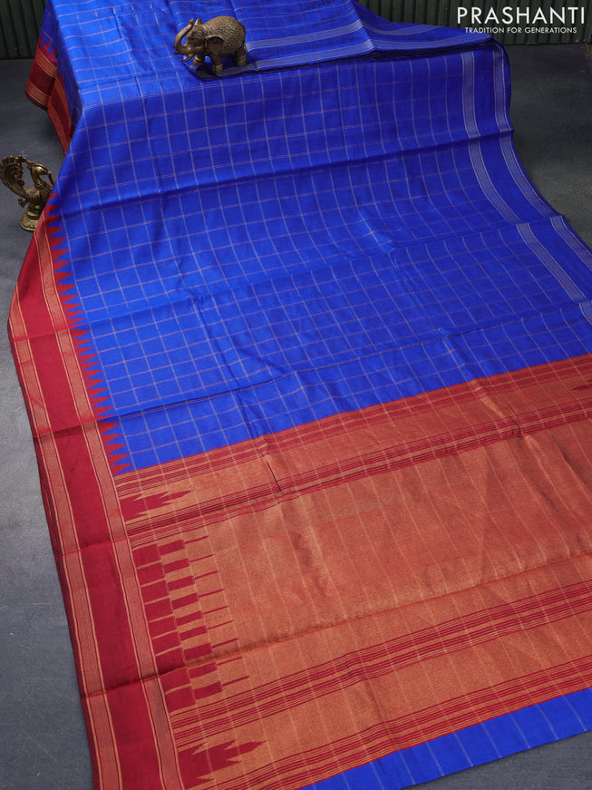 Dupion silk saree royal blue and maroon with allover zari checked pattern and temple design rettapet zari woven border
