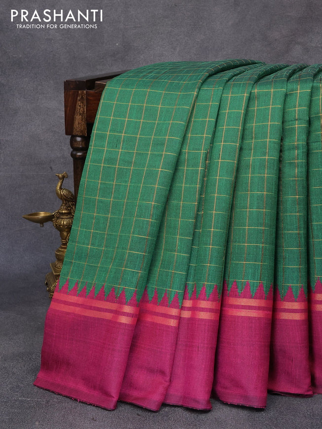 Dupion silk saree green and magenta pink with allover checked pattern and temple design zari woven simple border
