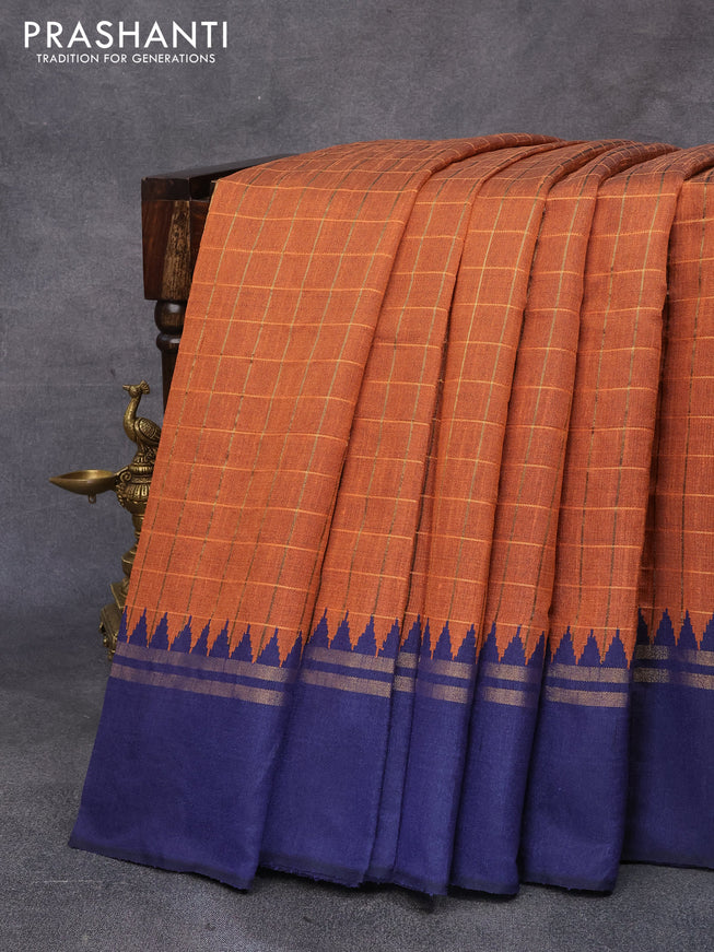 Dupion silk saree orange and navy blue with allover checked pattern and temple design zari woven simple border