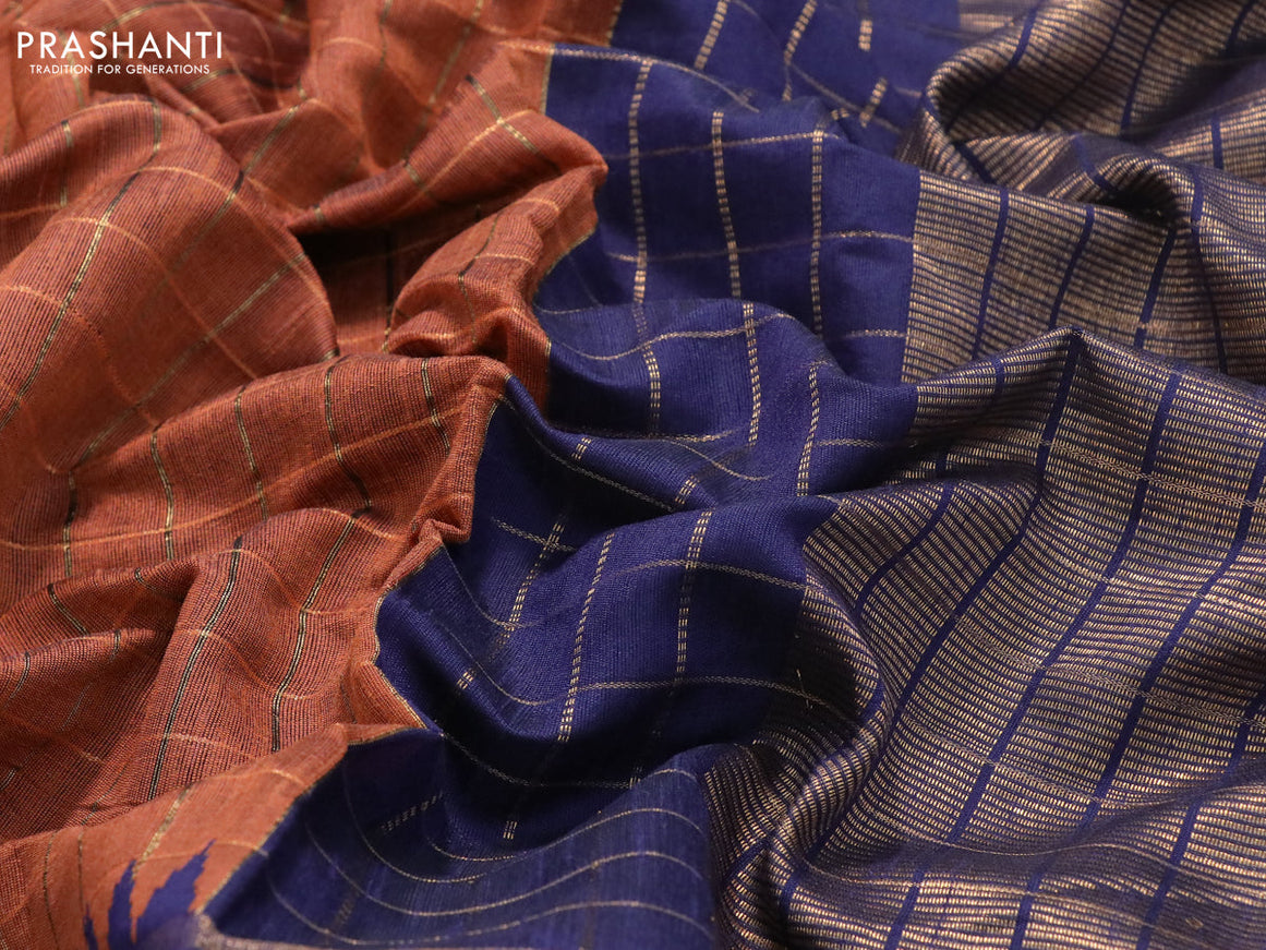 Dupion silk saree orange and navy blue with allover checked pattern and temple design zari woven simple border
