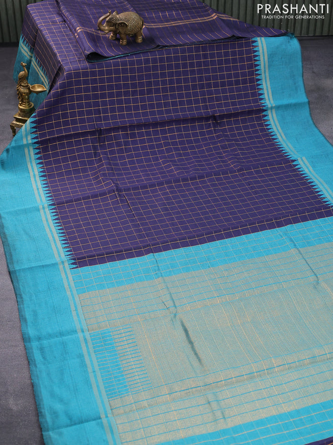 Dupion silk saree dark blue and teal blue with allover checked pattern and temple design zari woven simple border