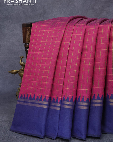 Dupion silk saree magenta pink and dark blue with allover checked pattern and temple design zari woven simple border