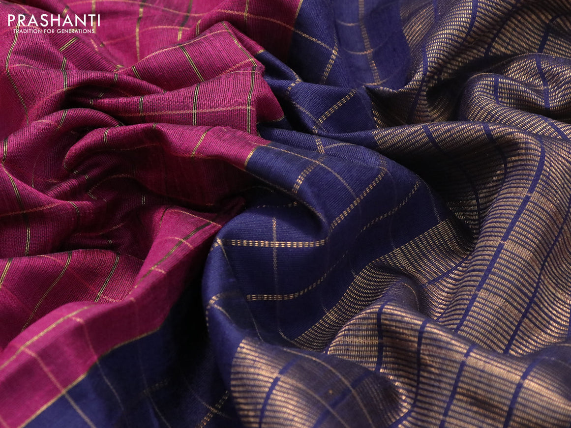 Dupion silk saree magenta pink and dark blue with allover checked pattern and temple design zari woven simple border