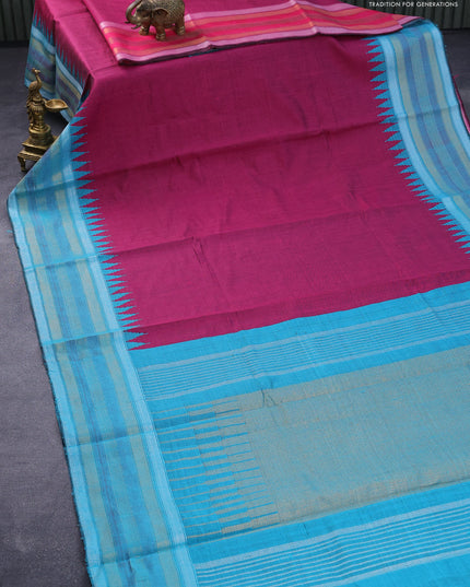 Dupion silk saree magenta pink and light blue with plain body and temple design zari woven border
