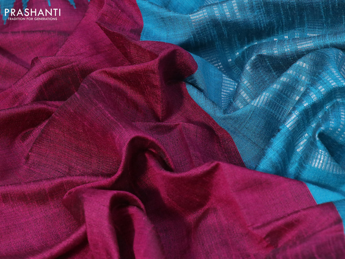 Dupion silk saree magenta pink and light blue with plain body and temple design zari woven border