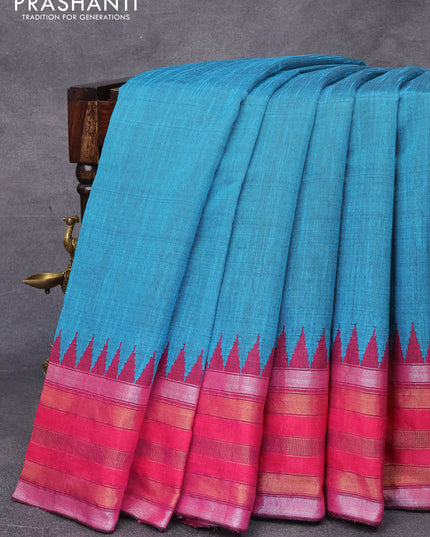 Dupion silk saree teal blue and pink with plain body and temple design zari woven border