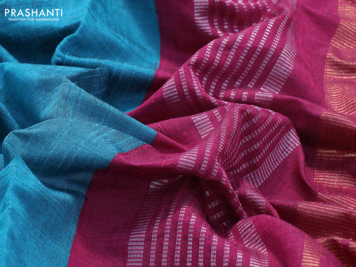 Dupion silk saree teal blue and pink with plain body and temple design zari woven border
