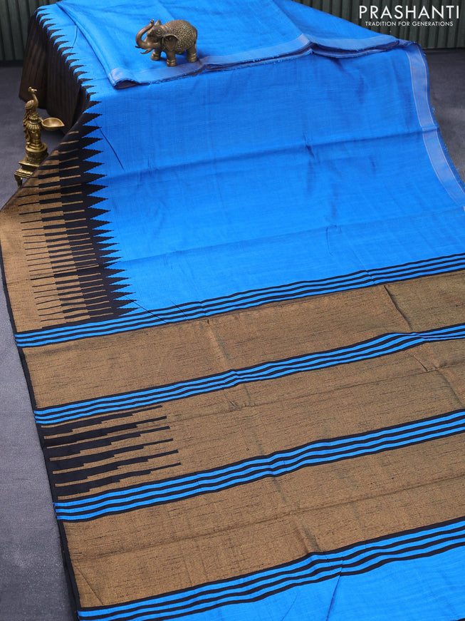 Dupion silk saree cs blue and black with plain body and temple design zari woven border
