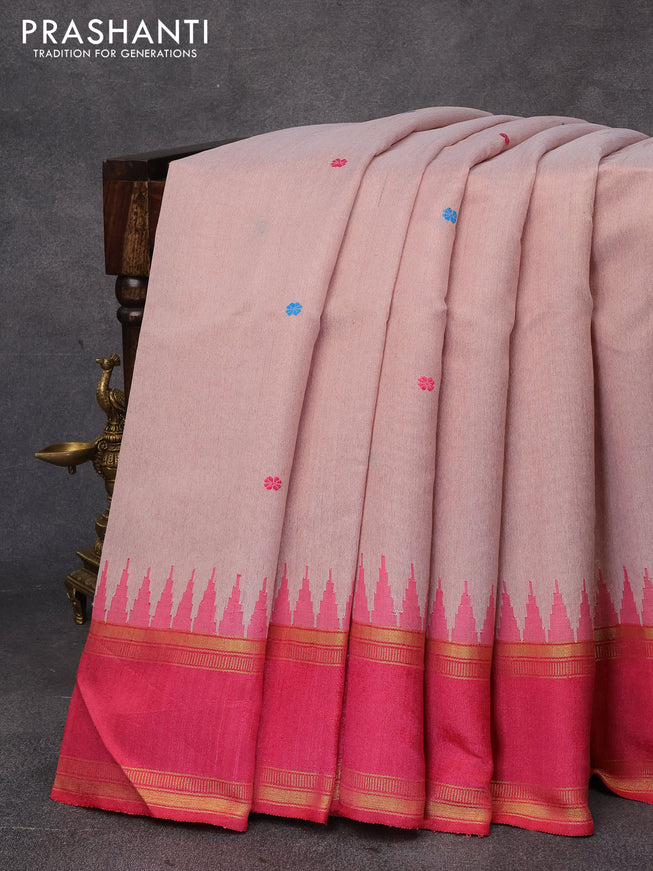 Dupion silk saree peach shade and pink with thread woven buttas and temple design rettapet zari woven border