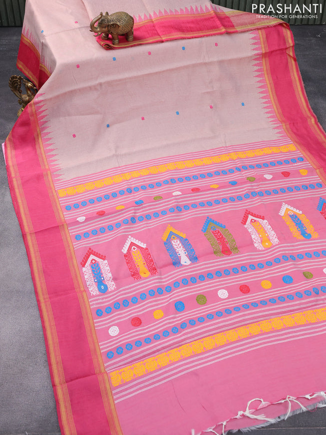 Dupion silk saree peach shade and pink with thread woven buttas and temple design rettapet zari woven border