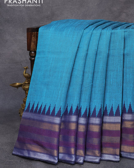 Dupion silk saree teal blue and dark blue with plain body and temple design zari woven border