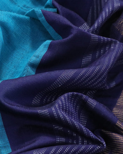 Dupion silk saree teal blue and dark blue with plain body and temple design zari woven border
