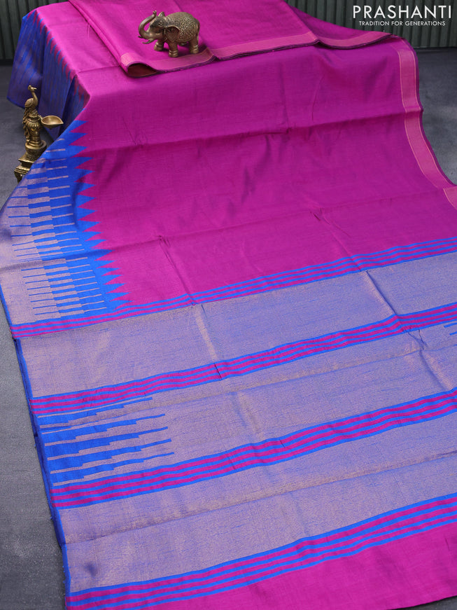 Dupion silk saree magenta pink and cs blue with plain body and temple design zari woven border