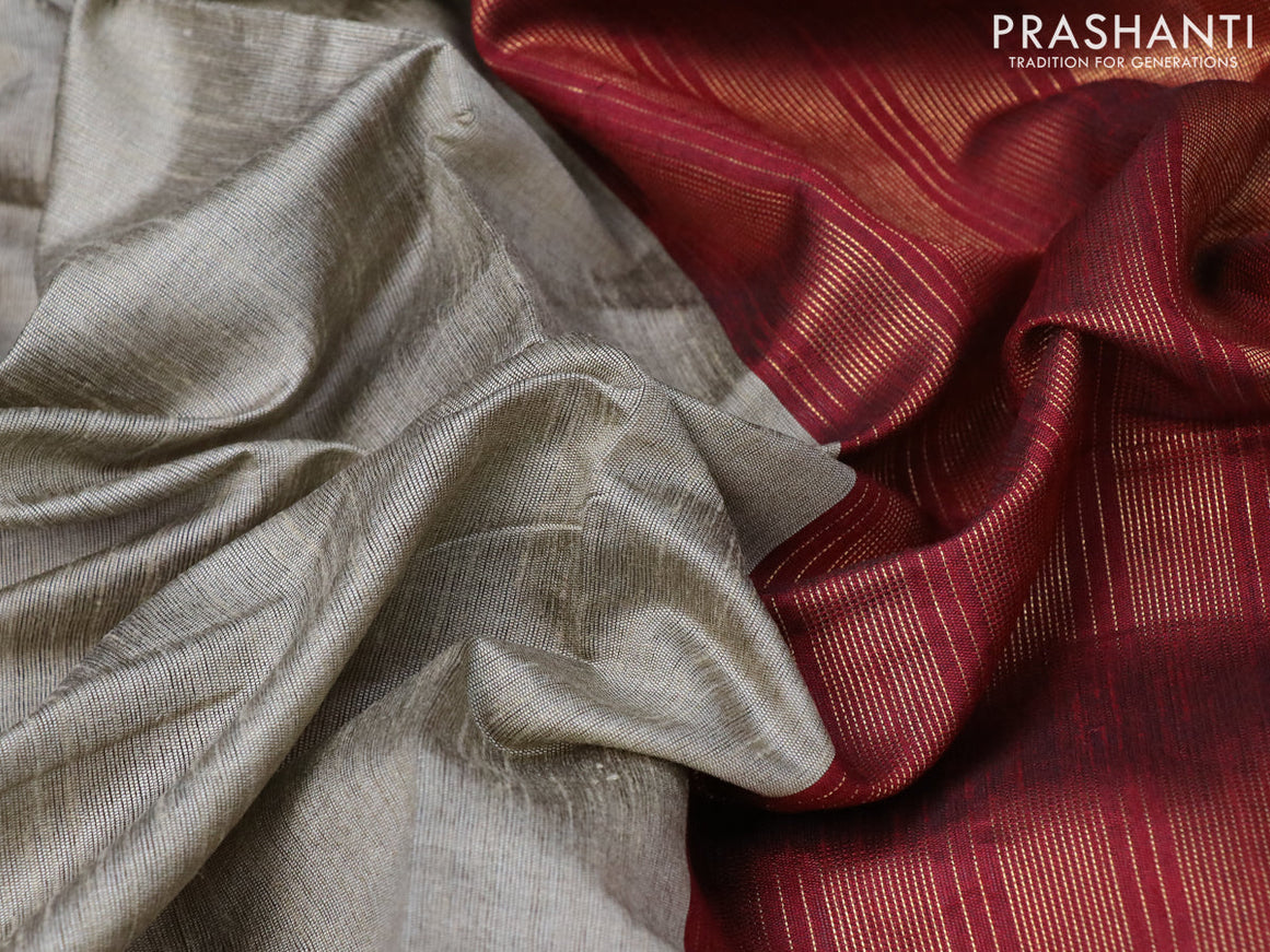 Dupion silk saree grey shade and maroon with plain body and temple design zari woven border