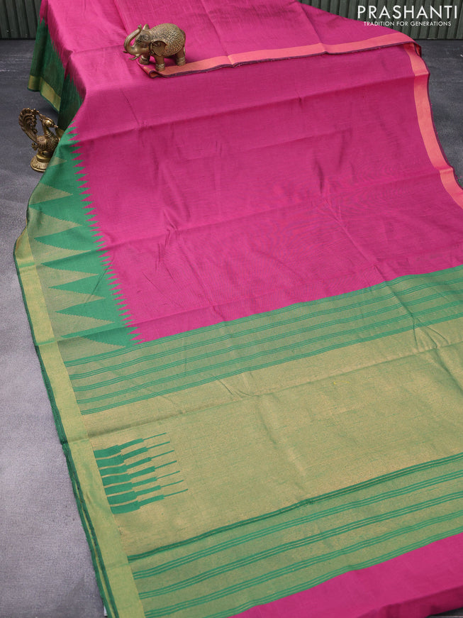 Dupion silk saree magenta pink and green with plain body and temple design zari woven border