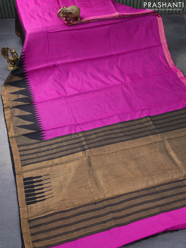 Dupion silk saree magenta pink and black with plain body and temple design zari woven border