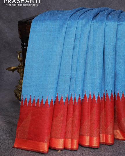 Dupion silk saree light blue and maroon with plain body and temple design zari woven border