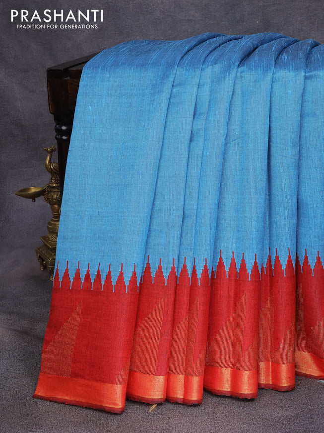 Dupion silk saree light blue and maroon with plain body and temple design zari woven border