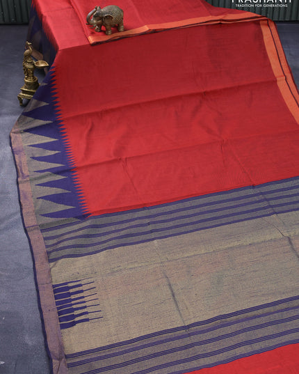 Dupion silk saree red and dark blue with plain body and temple design zari woven border