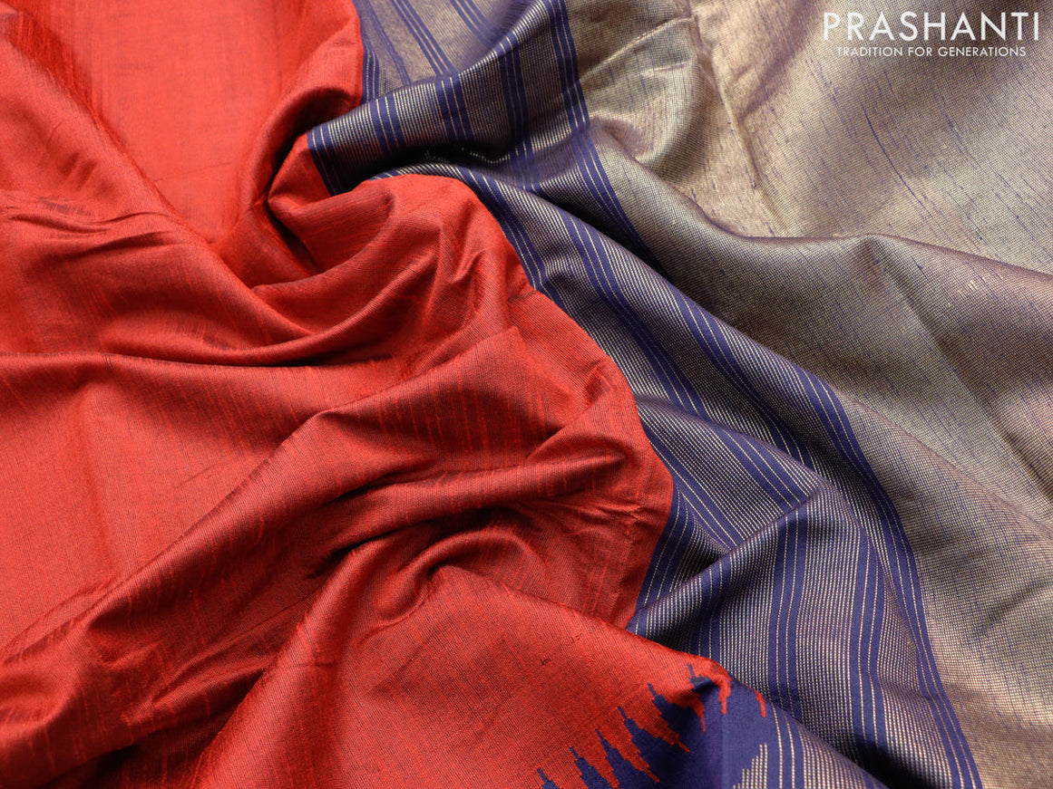 Dupion silk saree red and dark blue with plain body and temple design zari woven border