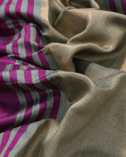 Dupion silk saree purple and grey shade with plain body and temple design zari woven border