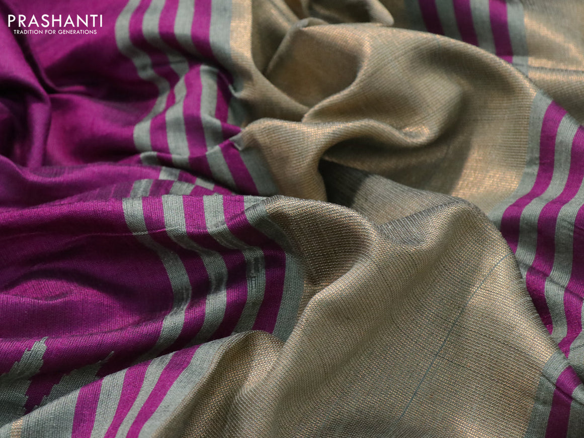 Dupion silk saree purple and grey shade with plain body and temple design zari woven border