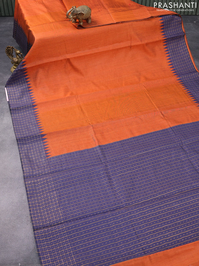 Dupion silk saree orange and dark blue with plain body and temple design zari checked border