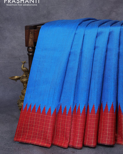 Dupion silk saree cs blue and red with plain body and temple design zari checked border