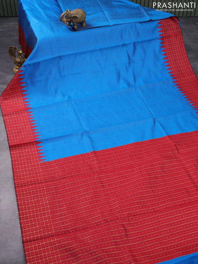Dupion silk saree cs blue and red with plain body and temple design zari checked border