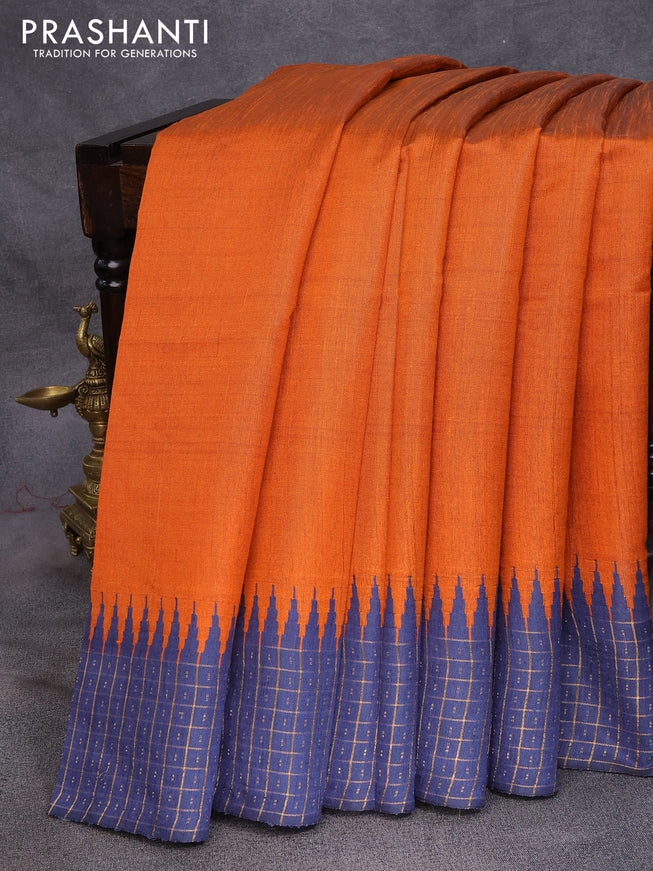 Dupion silk saree orange and blue with plain body and temple design zari checked border