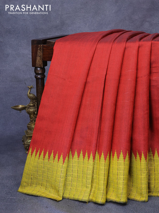 Dupion silk saree maroon and yellow with plain body and temple design zari checked border