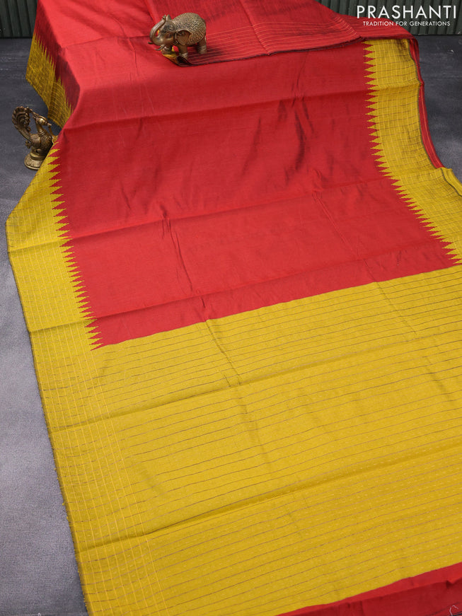 Dupion silk saree maroon and yellow with plain body and temple design zari checked border