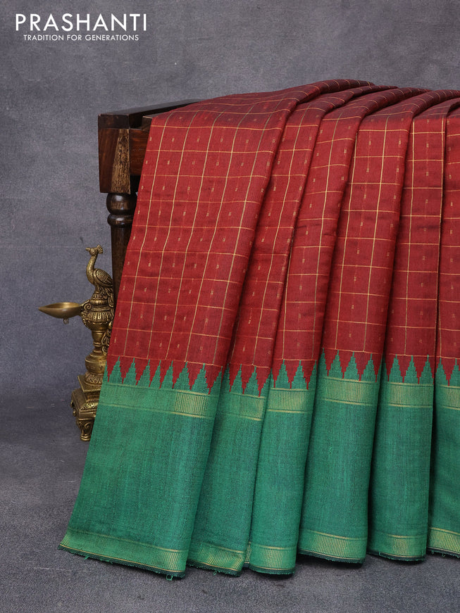 Dupion silk saree maroon and green with allover zari checks & buttas and temple design rettapet zari woven border