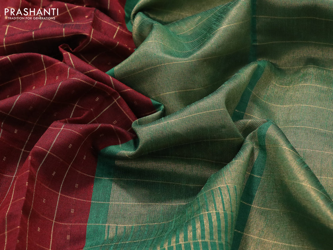 Dupion silk saree maroon and green with allover zari checks & buttas and temple design rettapet zari woven border