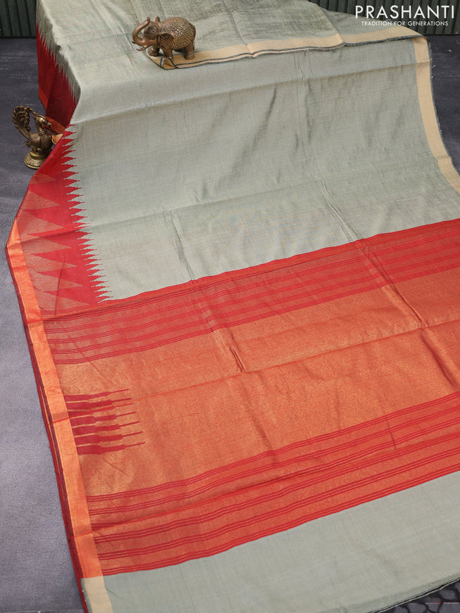 Dupion silk saree grey shade and red with plain body and temple design zari woven border