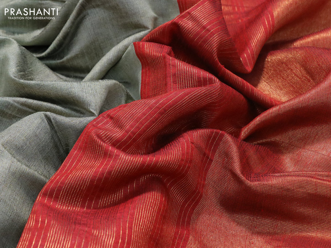Dupion silk saree grey shade and red with plain body and temple design zari woven border