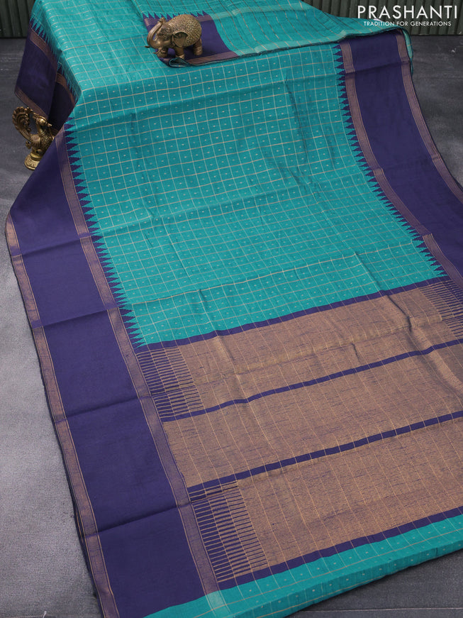Dupion silk saree teal blue and dark blue with allover zari checks & buttas and temple design rettapet zari woven border