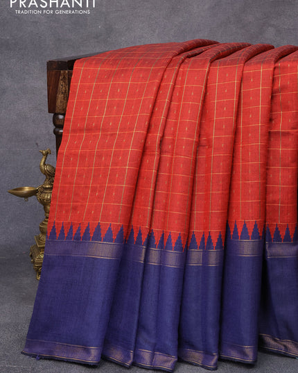 Dupion silk saree maroon and drak blue with allover zari checks & buttas and temple design rettapet zari woven border